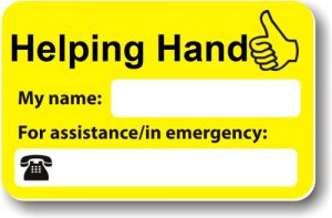 Helping Hand card, in bright yellow with bold black text, with fields for your name, and an emergency contact number.