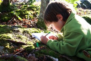 boy in green coat drawing out in nature with sun out