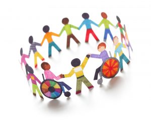 paper crown of people holding hands, some of whom are in wheelchairs