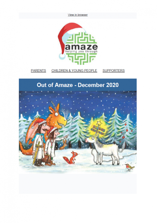 Newsletter front cover, showing amaze logo with santa hat, and Amaze Christmas card image by Julia Donaldson
