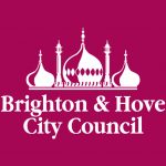 logo reading "Brighton and Hove City Council" with an illustration of the Royal Pavilion, on a bright pink background