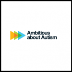 logo reading "Ambitious about Autism" with three overlapping triangles pointing right, in orange, green and blue