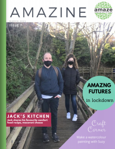 Front cover showing two young people standing on a bridge with trees and greenery behind, wearing face masks