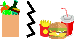 images showing groceries separated from takeaway food by a jagged line