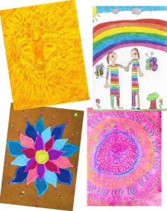 four brightly coloured cards, one showing a flower in shades of blue and purple against a gold background, one with two people holding hands beneath a rainbow, one pink cards with concentric patterned circles, and one all in yellow showing a maned face, like a lion