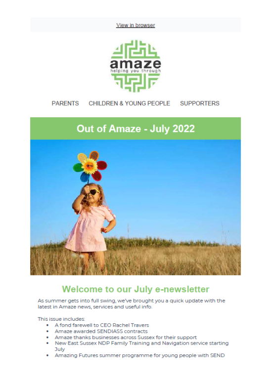 Newsletter cover featuring image of a small child in a dress holding up a multi-coloured windmill, against a bright blue sky
