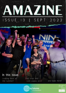 Amazine issue 13 cover featuring photo of group of young people at Ninja Warrior course