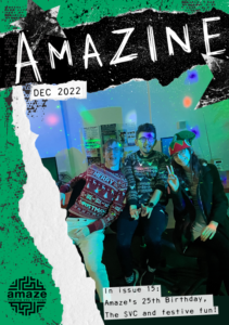 Amazine Dec 22 cover in green tones with photo of young people in festive jumpers