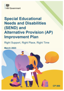 front cover of SEND and alternative provision improvement plan, March 2023, subtitle reads: "Right Support, Right Place, Right Time" cartoon image of diverse family with speech bubble.