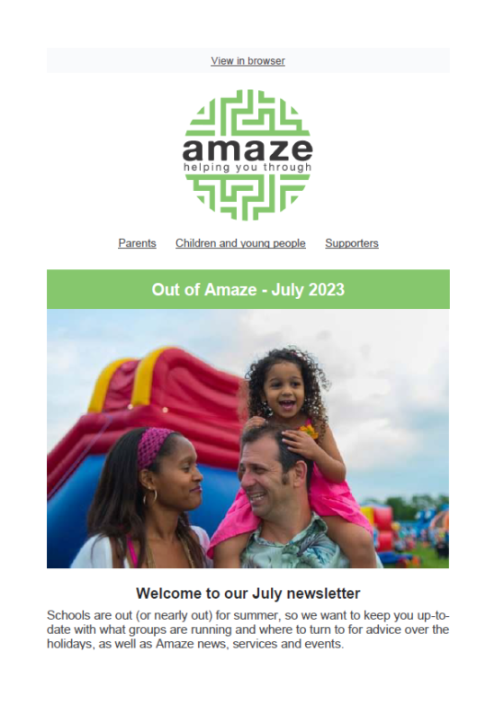 July 2023 cover featuring racially diverse family in front of an inflatable slide