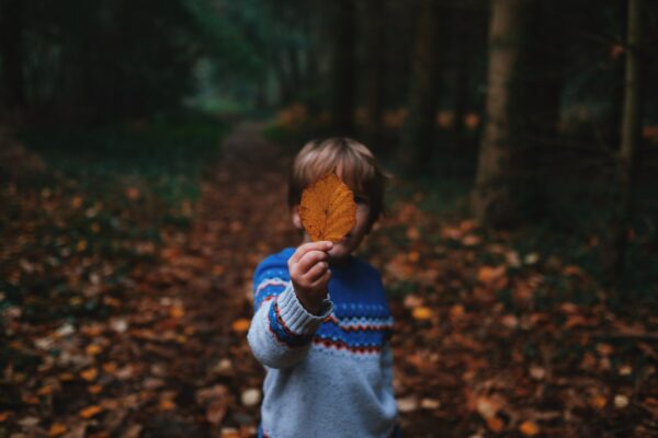 Boy stands in forest holding a dried leaf in front of his face.