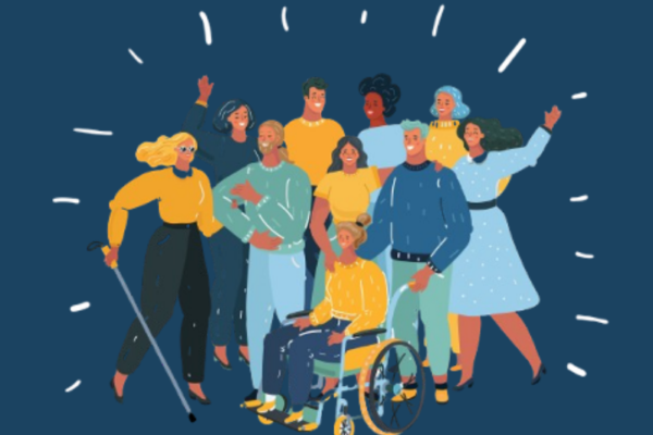 Balancing Act text and illustration of diverse group of disabled people and their families