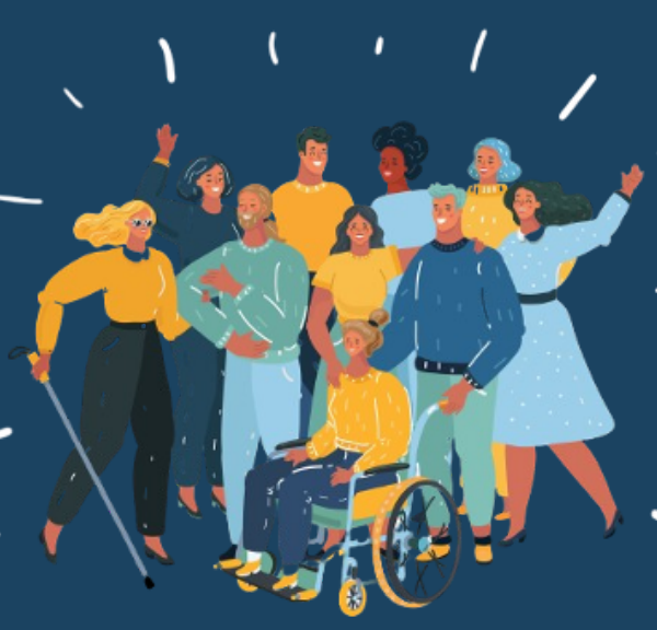 Balancing Act text and illustration of diverse group of disabled people and their families