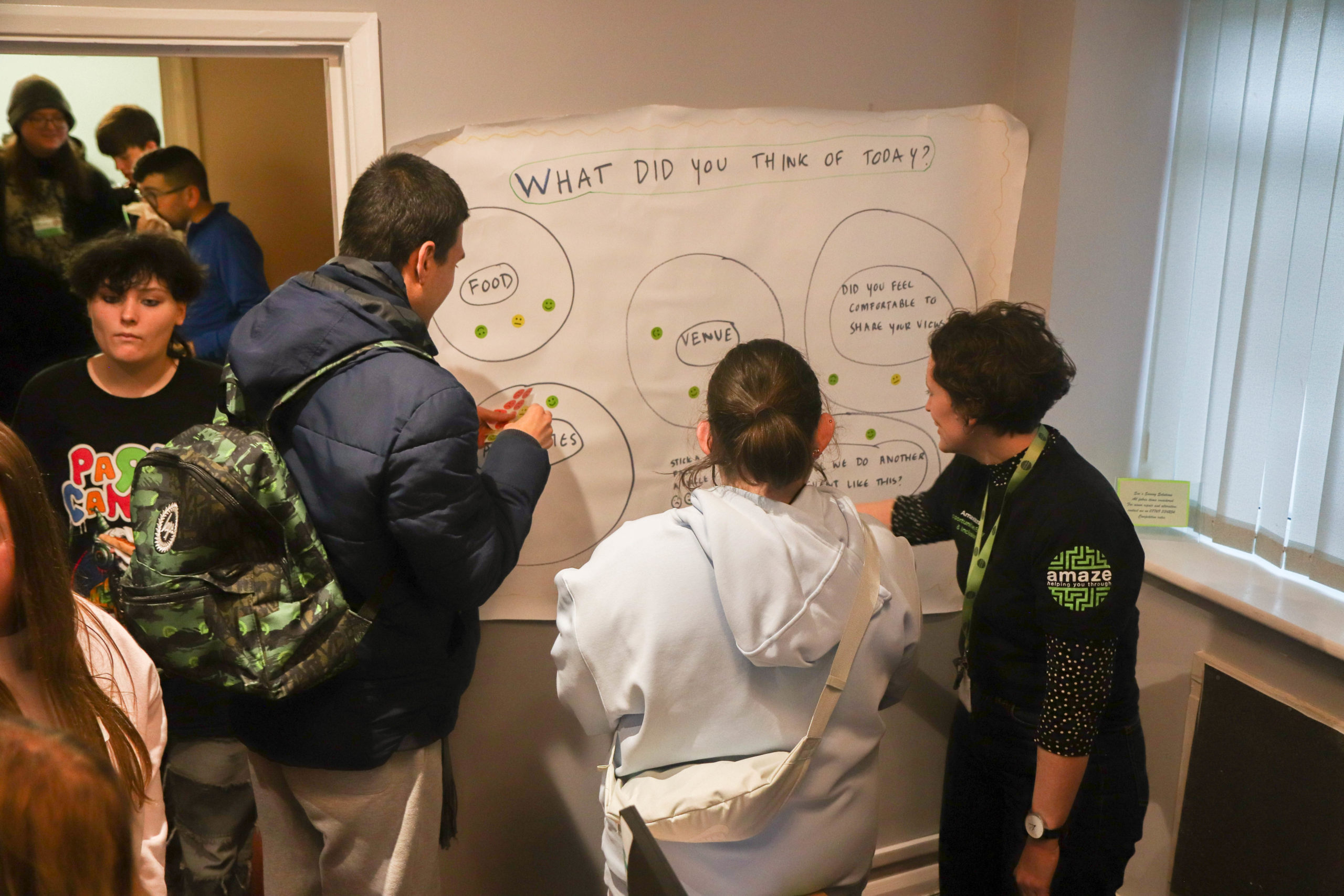 IMG_6015 Young people at our Youth Voice day, sharing feedback on the session by putting stickers on a large poster.