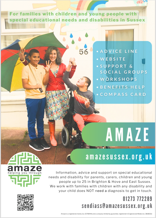 Amaze's poster depicting a family outside a Brighton house, carrying a colourful umbrella